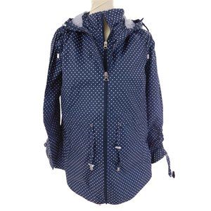 Jones New York Women's Medium Parka in a Pocket Rain Jacket Navy Blue Polka Dot